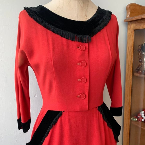 1940s 40s Vintage Red Rayon Crepe Dress with Black Fringe by "Polly Brief" - Picture 3 of 7